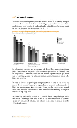 4.4 / Los blogs de empresa

Tal como vemos en el gráfico adjunto, España está a la cabeza de Europa27
en el uso de mensajería instantánea, de Skype y otras formas de telefonía
por Internet, en el empleo de podcast (audio) y también en los blogs, según
un estudio de Novatris28 en noviembre de 2006.
Utilización de servcios de información y de comunicación por los internautas europeos
Fuente: Novatris - NetObserver® Europe. Junio 2006



                                                                                    España
                                                                                    Francia
                                                                                    Italia
                                                                                    Reino Unido
                                                                                    Alemania




  Software de mensajería          Software de tele-           Podcasting         Creación de blogs
  instantánea                     comunicación por Internet
                                  (Skype, Messenger…)


Pero debemos reconocer que la gran mayoría de los blogs no son blogs de em-
presa. Los primeros blogs han sido de carácter personal o profesional, pero
no corporativo. Ahora bien, cada vez son más las organizaciones que hacen
uso de los blogs y cada vez más son los usos diferentes que se les da a los
blogs corporativos.

El caso de España es paradójico: aunque se trata de uno de los países eu-
ropeos donde más se bloguea, va especialmente atrasada en la adopción de
blogs por las empresas. No conocemos ningún estudio cuantitativo actuali-
zado, pero podemos hacernos una idea consultando el ranking de blogs en
español de top.blogs.es29.

Este ranking, en la fecha en que escribo estas líneas, recoge la importancia
relativa de 3.165 blogs. Pues bien, de éstos, sólo 96 aparecen bajo la categoría
«blogs corporativos». Y, aún más importante, sólo dos de ellos están entre los
100 más relevantes.




38 / Manual de uso del blog en la empresa
 