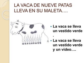 LA VACA DE NUEVE PATAS
LLEVA EN SU MALETA….
 La vaca se lleva
un vestido verde
.
 La vaca se lleva
un vestido verde
y un video….
 