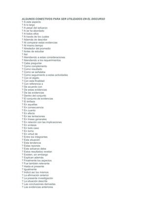 ALGUNOS CONECTIVOS PARA SER UTILIZADOS EN EL DISCURSO
? A este aspecto
? A lo largo
? A pesar del esfuerzo
? A se ha abordado
? A todos ellos
? A través de los cuales
? Además de describir
? Al comparar estas evidencias
? Al mismo tiempo
? Alrededor del promedio
? Antes de estudiar
? Así
? Atendiendo a estas consideraciones
? Atendiendo a los requerimientos
? Cabe preguntar
? Como complemento
? Como resultado
? Como se señalaba
? Como seguimiento a estas actividades
? Con el objeto
? Con esta finalidad
? Con referencia a
? De acuerdo con
? De estas evidencias
? De las evidencias
? Dentro del conjunto
? El conjunto de evidencias
? El énfasis
? En aquellas
? En consecuencia
? En cuanto
? En efecto
? En las tentaciones
? En líneas generales
? En relación con las implicaciones
? En síntesis
? En todo caso
? En torno
? En virtud de
? Entre los integrantes
? Esta situación
? Esta tendencia
? Estas razones
? Este esfuerzo debe
? Estos resultados revelan
? Existen, sin embargo
? Explican además
? Finalmente los aspectos
? Fue también relevante
? Hasta el presente
? Igualmente
? Indicó así los mismos
? La afirmación anterior
? La presente investigación
? La situación descrita
? Las conclusiones derivadas
? Las evidencias anteriores
 