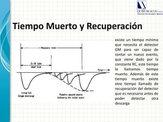 Tiempo Muerto y Recuperación
existe un tiempo mínimo
que necesita el detector
GM para ser capaz de
contar un nuevo evento,
que viene dado por la
constante RC, este tiempo
lo llamamos tiempo
muerto. Además de este
tiempo muerto existe
otro tiempo llamado de
recuperación del detector
que es necesario antes de
poder detectar otra
descarga
 