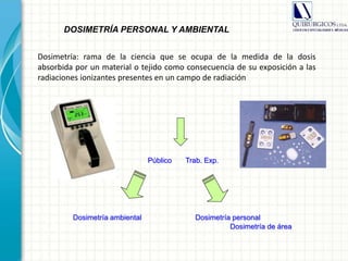 Público Trab. Exp.
Dosimetría ambiental Dosimetría personal
Dosimetría de área
DOSIMETRÍA PERSONAL Y AMBIENTAL
Dosimetría: rama de la ciencia que se ocupa de la medida de la dosis
absorbida por un material o tejido como consecuencia de su exposición a las
radiaciones ionizantes presentes en un campo de radiación
 