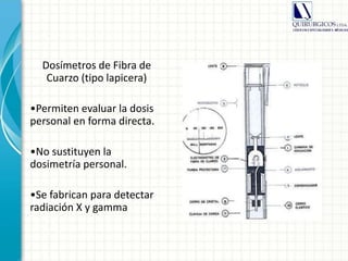 Dosímetros de Fibra de
Cuarzo (tipo lapicera)
•Permiten evaluar la dosis
personal en forma directa.
•No sustituyen la
dosimetría personal.
•Se fabrican para detectar
radiación X y gamma
 