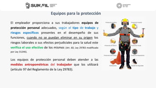 El empleador proporciona a sus trabajadores equipos de
protección personal adecuados, según el tipo de trabajo y
riesgos específicos presentes en el desempeño de sus
funciones, cuando no se puedan eliminar en su origen los
riesgos laborales o sus efectos perjudiciales para la salud este
verifica el uso efectivo de los mismos (Art. 60, Ley 29783 modificado
por Ley 31246).
Los equipos de protección personal deben atender a las
medidas antropométricas del trabajador que los utilizará
(artículo 97 del Reglamento de la Ley 29783).
Equipos para la protección
 
