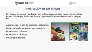 PROTECCIÓN DE LAS MANOS
Los dedos, las manos y los brazos son lastimados con mayor frecuencia que otras
partes del cuerpo. Se deberá de usar la protección adecuada para evitar peligros
de:
• Absorción por la piel de sustancias peligrosas.
• Cortes, raspaduras severas y perforaciones.
• Quemaduras químicas.
• Quemaduras térmicas.
• Descargas eléctricas.
 