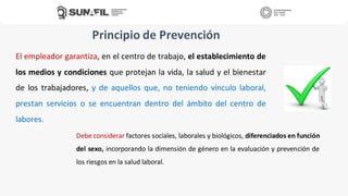 Principio de Prevención
Debe considerar factores sociales, laborales y biológicos, diferenciados en función
del sexo, incorporando la dimensión de género en la evaluación y prevención de
los riesgos en la salud laboral.
El empleador garantiza, en el centro de trabajo, el establecimiento de
los medios y condiciones que protejan la vida, la salud y el bienestar
de los trabajadores, y de aquellos que, no teniendo vínculo laboral,
prestan servicios o se encuentran dentro del ámbito del centro de
labores.
 