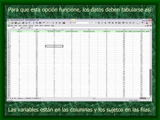 Para que esta opción funcione, los datos deben tabularse así: Las variables están en las columnas y los sujetos en las filas. 