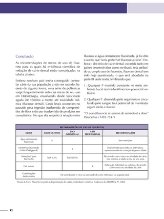 12
recomendações de uso de fluoretos
Meios Uso coletivo
Uso
individual
Uso
profissional
Recomendações
Água otimamente
fluoretada
X Sem restrições
Dentifrício fluoretado
(1000-1500 ppm F)
X
Diariamente para todos os indivíduos,
supervisionado em crianças de pouca idade
Soluções F para
bochecho
NaF 0,2% NaF 0,05%
De acordo com o risco ou atividade de cárie,
mas restritos a idade acima de seis anos
Gel, verniz X
Indicação individual ou coletiva, de acordo
com o risco ou atividade de cárie
Combinações
destes meios
De acordo com o risco ou atividade de cárie individual ou populacional
Tenuta & Cury. Fluoreto na prática de promoção de saúde, individual e coletiva. Cadernos da ABOPREV IV, 2005.
Conclusão
As recomendações de meios de uso de fluo-
reto para as quais há evidência científica de
redução de cárie dental estão sumarizadas na
tabela abaixo.
Embora nenhum país tenha conseguido contro-
lar cárie da sua população a não ser usando flu-
oreto de alguma forma, uma série de polêmicas
surge frequentemente sobre os riscos de seu uso
em Odontologia, envolvendo desde toxicidade
aguda (de vômitos a morte) até toxicidade crô-
nica (fluorose dental). Casos letais ocorreram no
passado pela ingestão inadvertida de comprimi-
dos de flúor e do uso inadvertido de produtos em
consultórios. No que diz respeito à relação entre
fluorose e água otimamente fluoretada, já foi dito
e aceito que ‘seria preferível fluorose a cárie’. Em-
bora o declínio de cárie dental, ocorrida tanto em
países desenvolvidos como no Brasil, seja atribuí-
do ao amplo uso de fluoretos, fluorose dental tem
sido hoje questionada, o que será abordado na
parte III deste texto, lembrando que:
1. Qualquer F-
mantido constante no meio am-
biente bucal (saliva-biofilme) tem potencial an-
ticárie
2. Qualquer F-
absorvido pelo organismo e circu-
lando pelo sangue terá potencial de manifestar
algum efeito colateral
“O que diferencia o veneno do remédio é a dose”
Paracelsus (1493-1541)
 