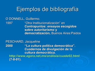 Ejemplos de bibliografía O DONNELL, Guillermo. 1997 “Otra Institucionalización” en  Contrapuntos: ensayos escogidos  sobre autoritarismo y  democratización,  Buenos Aires:Paidos PESCHARD, Jacqueline 2000 “La cultura política democrática”.  Cuadernos de divulgación de la  cultura democrática.  http://www,agora,net,mx/análisis/cuade02.html  (7-8-01).  