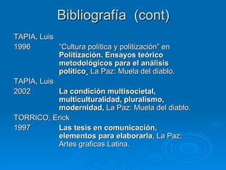 Bibliografía  (cont) TAPIA, Luis 1996 “Cultura política y politización” en  Politización. Ensayos teórico  metodológicos para el análisis  político¸  La Paz: Muela del diablo. TAPIA, Luis 2002 La condición multisocietal,  multiculturalidad, pluralismo,  modernidad,  La Paz: Muela del diablo. TORRICO, Erick 1997 Las tesis en comunicación,  elementos para elaborarla , La Paz:  Artes graficas Latina. 