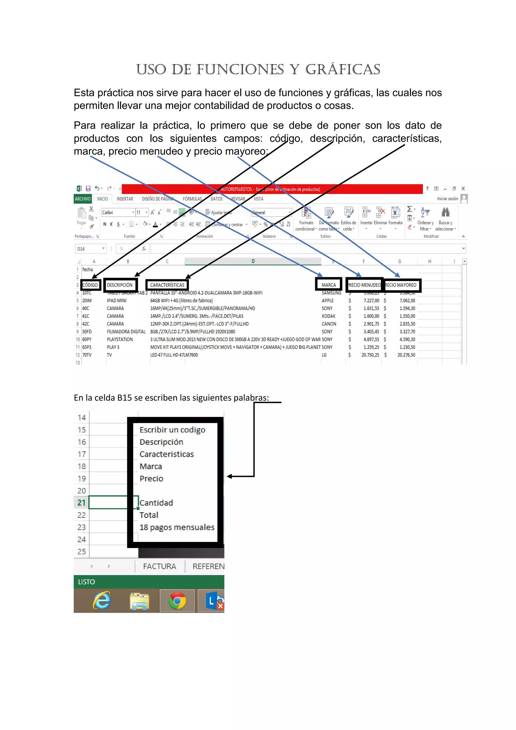 USO DE FUNCIONES Y GRÁFICAS
Esta práctica nos sirve para hacer el uso de funciones y gráficas, las cuales nos
permiten llevar una mejor contabilidad de productos o cosas.
Para realizar la práctica, lo primero que se debe de poner son los dato de
productos con los siguientes campos: código, descripción, características,
marca, precio menudeo y precio mayoreo:
En la celda B15 se escriben las siguientes palabras: