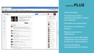 GOOGLE

PLUS

Crear formularios
Enseñar al alumnado a
presentar respuestas y analizar
sus resultados
Adminsitrar las evaluaciones
Encuestar a los alumnos y
alumnas

Realizar evaluaciones
diagnósticas
Seguimiento de las dificultades
y problemas más comunes en
el aula (p.g., comportamiento)
Generar formularios
automáticamente con Flubarro

 
