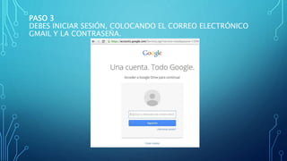 PASO 3
DEBES INICIAR SESIÓN, COLOCANDO EL CORREO ELECTRÓNICO
GMAIL Y LA CONTRASEÑA.
 