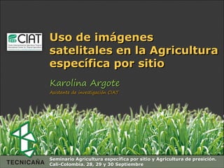 Espacio para
  colocar
  el Logo
               Uso de imágenes
               satelitales en la Agricultura
               específica por sitio
               Karolina Argote
               Asistente de investigación CIAT




               Seminario Agricultura específica por sitio y Agricultura de presición.
               Cali-Colombia. 28, 29 y 30 Septiembre
 