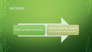 INFORME
Crear un informe sencillo.
Tabular todos los campos
en el origen de registros.
 