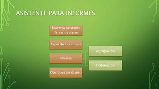 ASISTENTE PARA INFORMES
Muestra asistente
de varios pasos
Especificar campos
Niveles
Agrupación
Ordenación
Opciones de diseño
 
