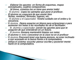    Elaborar los apuntes  en forma de esquemas, mapas conceptuales, cuadros comparativos.    Sé breve, sintetiza (no se tiene que anotar todo)  El alumno  Copia los ejemplos que pone el profesor. El alumno se asegurara de que anotar bien fechas, nombres, fórmulas, lugares, etc.   El alumno y el capacitador Tendrá cuidado con el orden y la secuencia. El alumno  Dejara espacios en blanco para aclaraciones o para aumentar tus notas a los resultados les de el facilitador.   El  alumno y capacitador Leerán los apuntes para que te aseguren de que entenderán en un futuro.    El alumno Siempre mantendrá limpios sus notas                     El alumno se debe Concentrar en la clase no en el profesor El alumno Procurará tener una buena postura, no estar inclinado o casi acostado en la banca frente a la computadora.Utiliza el sistema: escucha-piensa-escribe y posterior mente hazlo en la computadora.