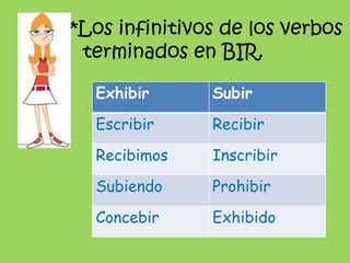 *Los infinitivos de los verbos terminados en BIR.<br />