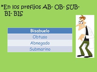 *En los prefijos AB- OB- SUB- BI- BIS<br />