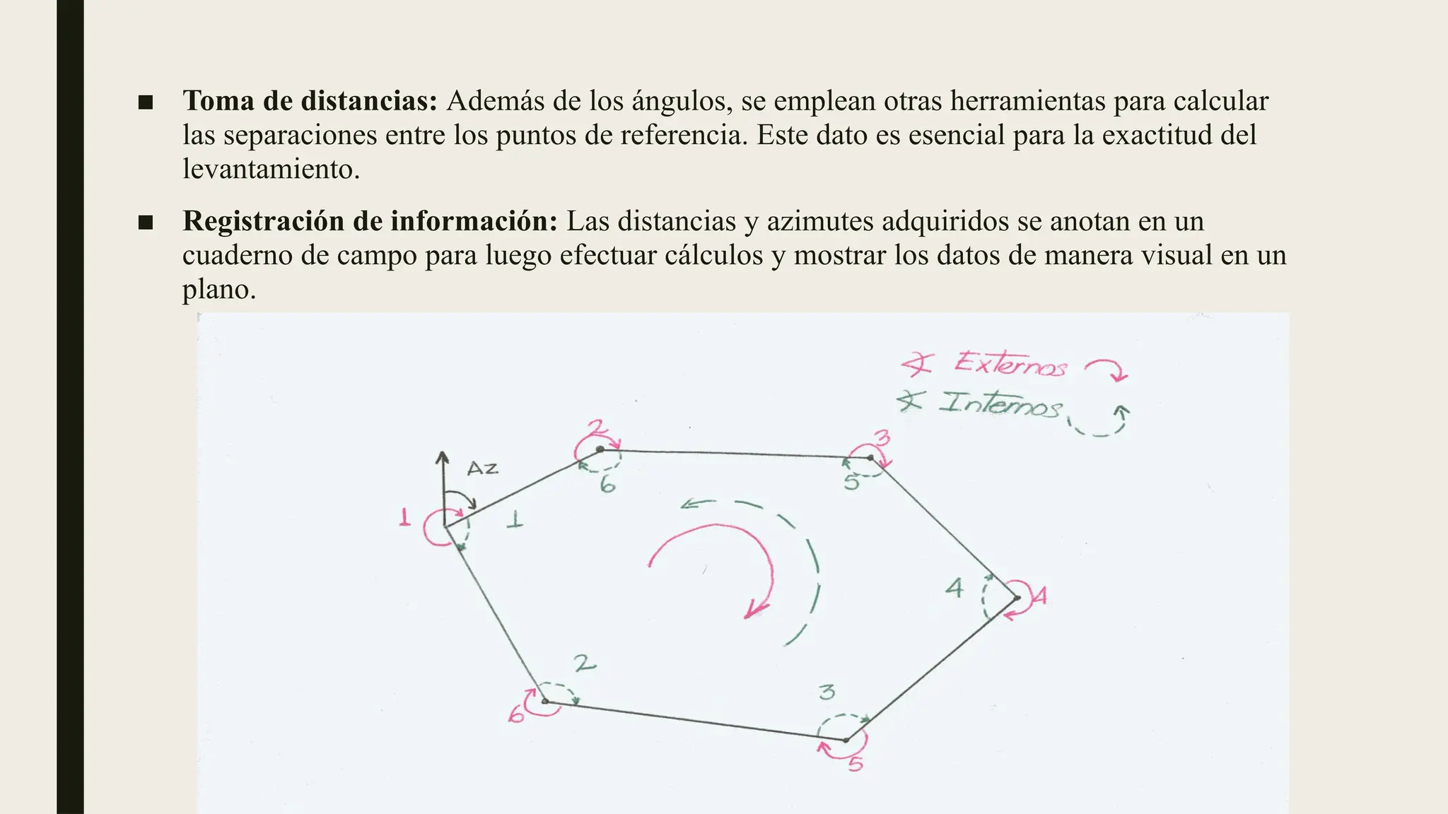 ■ Toma de distancias: Además de los ángulos, se emplean otras herramientas para calcular
las separaciones entre los puntos de referencia. Este dato es esencial para la exactitud del
levantamiento.
■ Registración de información: Las distancias y azimutes adquiridos se anotan en un
cuaderno de campo para luego efectuar cálculos y mostrar los datos de manera visual en un
plano.
 