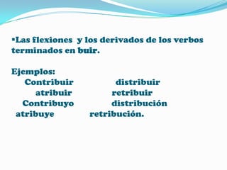 Las flexiones y los derivados de los verbos
terminados en buir.

Ejemplos:
Contribuir
atribuir
Contribuyo
atribuye

distribuir
retribuir
distribución
retribución.

 