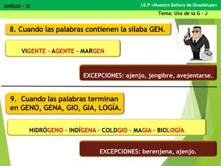 8. Cuando las palabras contienen la sílaba GEN.
9. Cuando las palabras terminan
en GENO, GENA, GIO, GIA, LOGÍA.
VIGENTE - AGENTE - MARGEN
I.E.P «Nuestra Señora de Guadalupe»UNIDAD – IX
Tema: Uso de la G - J
HIDRÓGENO - INDÍGENA – COLDGIO – MAGIA - BIOLOGÍA
EXCEPCIONES: ajenjo, jengibre, avejentarse.
EXCEPCIONES: berenjena, ajenjo.
 