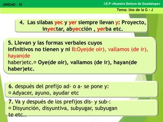 4. Las silabas yec y yer siempre llevan y: Proyecto,
inyectar, abyección , yerba etc.
5. Llevan y las formas verbales cuyos
infinitivos no tienen y ni ll:Oye(de oír), vallamos (de ir),
hayan(de
haber)etc. Oye(de oír), vallamos (de ir), hayan(de
haber)etc.
6. después del prefijo ad- o a- se pone y:
Adyacer, ayuno, ayudar etc.
I.E.P «Nuestra Señora de Guadalupe»UNIDAD – IX
Tema: Uso de la G - J
7. Va y después de los prefijos dis- y sub-:
Disyunción, disyuntiva, subyugar, subyugan
te etc..
 