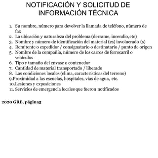 NOTIFICACIÓN Y SOLICITUD DE
INFORMACIÓN TÉCNICA
1. Su nombre, número para devolver la llamada de teléfono, número de
fax
2. La ubicación y naturaleza del problema (derrame, incendio,etc)
3. Nombre y número de identificación del material (es) involucrado (s)
4. Remitente o expedidor / consignatario o destinatario / punto de origen
5. Nombre de la compañía, número de los carros de ferrocarril o
vehículos
6. Tipo y tamaño del envase o contenedor
7. Cantidad de material transportado / liberado
8. Las condiciones locales (clima, características del terreno)
9.Proximidad a las escuelas, hospitales, vías de agua, etc.
10.Lesiones y exposiciones
11. Servicios de emergencia locales que fueron notificados
2020 GRE, página5
 