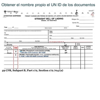 1
Drum
X
30
gal
1
Drums
5
gal
UN1805, Phosphoric acid solution,8,PGIII,
1-800-555-1234 Contract: 867-5309
UN1993, Flammable liquids, n.o.s.,(contains methanol),
3, PGIII, 1-800-555-8888 Contract:BR549
Obtener el nombre propio el UN ID de los documentos
49 CFR, Subpart B, Part 172, Section 172.704 (a)
 