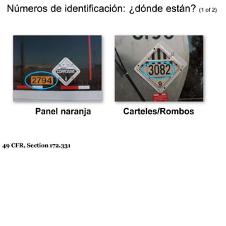 Números de identificación: ¿dónde están? (1 of 2)
Panel naranja Carteles/Rombos
49 CFR, Section172.331
 