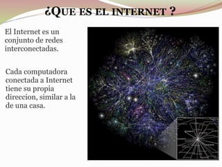 ¿QUE ES EL INTERNET ?
El Internet es un
conjunto de redes
interconectadas.
Cada computadora
conectada a Internet
tiene su propia
direccion, similar a la
de una casa.
 
