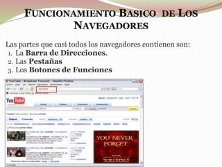 FUNCIONAMIENTO BASICO DE LOS
NAVEGADORES
Las partes que casi todos los navegadores contienen son:
1. La Barra de Direcciones.
2. Las Pestañas
3. Los Botones de Funciones
 
