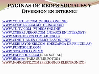 PAGINAS DE REDES SOCIALES Y
DIVERSION EN INTERNET
WWW.YOUTUBE.COM (VIDEOS ONLINE)
WWW.GOOGLE.COM.MX (BUSCADOR)
WWW.TU.TV.COM (VIDEOS ONLINE)
WWW.CYBERJUEGOS.COM (JUEGOS EN INTERNET)
WWW.MINIJUEGOS.COM (JUEGOS)
WWW.CINETUBE.ES (PELICULAS ONLINE)
WWW.SERIESYONKIS.COM (DESCARGA DE PELICULAS)
WWW.PUNKSOLID.COM
WWW.SOYGEEK.COM.MX
WWW.FACEBOOK.COM (RED SOCIAL)
WWW.flickr.co (PARA SUBIR FOTOS )
WWW.NOROESTE.COM (PERIODICO ELECTRONICO)
 