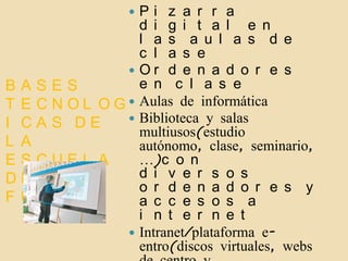    Pi z a r r a
                 d i g i t a l e n
                 l a s a u l a s d e
                 c l a s e
                Or d e n a d o r e s
BASES            e n c l a s e
T E C N OL OG   Aulas de informática
I CAS DE        Biblioteca y salas
                 multiusos(estudio
L A              autónomo, clase, seminario,
ESCUEL A         …)c o n
DEL              d i v e r s o s
                 o r d e n a d o r e s y
F UT URO         a c c e s o s a
                 i n t e r n e t
                Intranet/plataforma e-
                 entro(discos virtuales, webs
 
