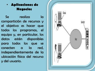 • Aplicaciones de
       Negocios

   Se       realiza       la
compartición de recursos y
el objetivo es hacer que
todos los programas, el
equipo y, en particular, los
datos estén disponibles
para todos los que se
conecten     a    la    red,
independientemente de la
ubicación física del recurso
y del usuario.
 