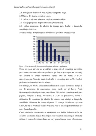 Uso de las Nuevas Tecnologías en Educación Infantil 
2.4. Trabajo con diseño web para páginas, webquest o blogs.
2.5 Manejo del sistema operativo Linux.
2.6. Utilizo el software educativo y aplicaciones educativas.
2.7. Manejo programas de presentaciones (Power Point)
2.8. Utilizo programas de edición de imagen para diseñar y desarrollar
actividades didácticas.
Nivel de manejo de herramientas informáticas aplicables a la educación.
Figura 1: Nivel de manejo de herramientas informáticas aplicables a la educación.
Como se puede apreciar en el gráfico es muy alto el porcentaje que utiliza
procesadores de texto, así como profesores que buscan y navegan por Internet y
que utilizan su correo electrónico siendo éstos un 86.6% y 84.4%
respectivamente. También sigue siendo alto el porcentaje, con un 75.1%, el de
profesores utilizan el correo electrónico.
Sin embargo, un 50,1%, una cifra bastante inferior al resto afirma que manjea el
uso de programas de presentación como puede ser el Power Point.
Disminuyendo más el porcentaje, tan sólo un 25% trabaja con diseño web para
páginas, webquest o blogs. Por último, el 21.9% de profesorado, afirma la
utilización de programas de edición de imagen para diseñar y desarrollar
actividades didácticas. En cuanto al punto 2.5, manejo del sistema operativo
Linux, no me ha resultado un dato relevante para su análisis por la temática que
estoy llevando a cabo.
Como conclusión a estos datos, se observa que en el ámbito de la educación, los
docentes utilizan las nuevas tecnologías para buscar información por Internet y
utilizar el correo electrónico. Pero son muy pocos los que crean ellos mismos
21
 