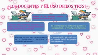 ¿LOS DOCENTES Y EL USO DE LOS TIC´S?
Objetivo de los docentes: conocer
formarse en el uso de las Tic.

El docente debe desarrollar funciones en el
ámbito de la educación interrelacionando el
SABER, SABER HACER, SABER SER.

El Rol del docente pasa de ser poseedor
de la información a facilitador y
orientador de la misma.

y

Su entorno laboral y profesional pasan de la
prespecialidad a la virtual y del aislamiento.

La comunicación asincrónica en
un espacio digital, tecnológico
para el docente.

 