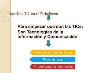 Uso de la TIC en el Periodismo
Para empezar que son las TICs:
Son Tecnologías de la
Información y Comunicación
Y estas tecnologías sirven
Para gestionar
Y transformar la información
 
