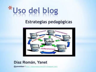 Estrategias pedagógicas
*Uso del blog
Díaz Román, Yanet
@yanetdazr / http://diplomadocorefo2014.blogspot.com/
 