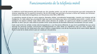 Funcionamiento de la telefonía móvil
La telefonía móvil básicamente está formada por dos grandes partes: una red de comunicaciones que está compuesta de
antenas repartidas por la superficie terrestre y de los terminales que permiten el acceso a dicha red. Ambos son emisores-
receptores de ondas electromagnéticas con frecuencias entre 900 y 2000 MHz.
La operadora reparte el área en varios espacios, llamados células, normalmente hexagonales, creando una inmensa red de
hexágonos. En cada célula hay una estación base que será una antena que tiene una amplitud para emitir y recibir en ese
hexágono de espacio (célula). Cada célula utiliza varias decenas de canales. Un canal es por donde se puede emitir una
llamada, es decir que por cada célula se pueden emitir varias decenas de llamadas diferentes simultaneas (una por canal).
Cada canal emite las señales (ondas electromagnéticas) a una frecuencia diferente, lo que da la posibilidad de que varias
decenas de personas puedan comunicarse simultáneamente en cada célula sin interferirse unas con otras. Cuando una
persona se mueve de una célula para otra, pasa a utilizar y engancharse a una de las frecuencias de la nueva célula, dejando
libre el canal de la célula anterior para ser usada por otra persona.
 