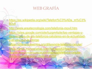 WEB GRAFÍA
• https://es.wikipedia.org/wiki/Telefon%C3%ADa_m%C3%
B3vil
• http://www.areatecnologia.com/telefonia-movil.htm
• https://sites.google.com/site/luzgm4site/las-ventajas-y-
desventajas-de-los-telefonos-celulares-en-la-actualidad-
y-el-uso-que-le-otorgo
• https://diferenciasentre.org/diferencia-telefono-celular/
• https://www.monografias.com/trabajos62/telefonia-
celular-medio-comunicacion-masivo/telefonia-celular-
medio-comunicacion-masivo.shtml
 