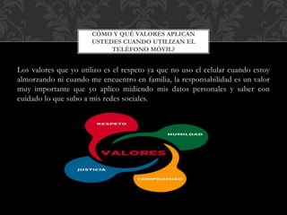 Los valores que yo utilizo es el respeto ya que no uso el celular cuando estoy
almorzando ni cuando me encuentro en familia, la responsabilidad es un valor
muy importante que yo aplico midiendo mis datos personales y saber con
cuidado lo que subo a mis redes sociales.
CÓMO Y QUÉ VALORES APLICAN
USTEDES CUANDO UTILIZAN EL
TELÉFONO MÓVIL?
 