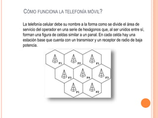CÓMO FUNCIONA LA TELEFONÍA MÓVIL?
La telefonía celular debe su nombre a la forma como se divide el área de
servicio del operador en una serie de hexágonos que, al ser unidos entre sí,
forman una figura de celdas similar a un panal. En cada celda hay una
estación base que cuenta con un transmisor y un receptor de radio de baja
potencia.
 