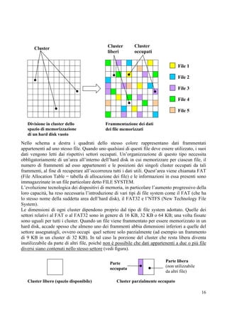 Cluster                                Cluster        Cluster
                                              liberi         occupati


                                                                                     File 1

                                                                                     File 2

                                                                                     File 3

                                                                                     File 4

                                                                                     File 5

   Divisione in cluster dello                Frammentazione dei dati
   spazio di memorizzazione                  dei file memorizzati
   di un hard disk vuoto
Nello schema a destra i quadrati dello stesso colore rappresentano dati frammentati
appartenenti ad uno stesso file. Quando uno qualsiasi di questi file deve essere utilizzato, i suoi
dati vengono letti dai rispettivi settori occupati. Un’organizzazione di questo tipo necessita
obbligatoriamente di un’area all’interno dell’hard disk in cui memorizzare per ciascun file, il
numero di frammenti ad esso appartenenti e le posizioni dei singoli cluster occupati da tali
frammenti, al fine di recuperare all’occorrenza tutti i dati utili. Quest’area viene chiamata FAT
(File Allocation Table = tabella di allocazione dei file) e le informazioni in essa presenti sono
immagazzinate in un file particolare detto FILE SYSTEM.
L’evoluzione tecnologica dei dispositivi di memoria, in particolare l’aumento progressivo della
loro capacità, ha reso necessaria l’introduzione di vari tipi di file system come il FAT (che ha
lo stesso nome della suddetta area dell’hard disk), il FAT32 e l’NTFS (New Technology File
System).
Le dimensioni di ogni cluster dipendono proprio dal tipo di file system adottato. Quelle dei
settori relativi al FAT o al FAT32 sono in genere di 16 KB, 32 KB o 64 KB; una volta fissate
sono uguali per tutti i cluster. Quando un file viene frammentato per essere memorizzato in un
hard disk, accade spesso che almeno uno dei frammenti abbia dimensioni inferiori a quelle del
settore assegnatogli, ovvero occupi quel settore solo parzialmente (ad esempio un frammento
di 9 KB in un cluster di 32 KB). In tal caso la porzione del cluster che resta libera diventa
inutilizzabile da parte di altri file, poiché non è possibile che dati appartenenti a due o più file
diversi siano contenuti nello stesso settore (vedi figura).

                                                                              Parte libera
                                                Parte
                                                                              (non utilizzabile
                                                occupata
                                                                              da altri file)

   Cluster libero (spazio disponibile)             Cluster parzialmente occupato

                                                                                                  16
 