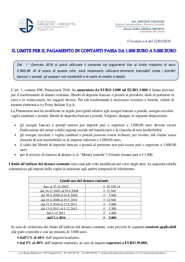 IL LIMITE PER IL PAGAMENTO IN CONTANTI PASSA DA 1.000 EURO A 3.000 EU…