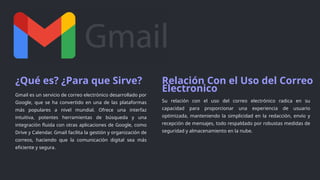 ¿Qué es? ¿Para que Sirve? Relación Con el Uso del Correo
Electronico
Gmail es un servicio de correo electrónico desarrollado por
Google, que se ha convertido en una de las plataformas
más populares a nivel mundial. Ofrece una interfaz
intuitiva, potentes herramientas de búsqueda y una
integración fluida con otras aplicaciones de Google, como
Drive y Calendar. Gmail facilita la gestión y organización de
correos, haciendo que la comunicación digital sea más
eficiente y segura.
Su relación con el uso del correo electrónico radica en su
capacidad para proporcionar una experiencia de usuario
optimizada, manteniendo la simplicidad en la redacción, envío y
recepción de mensajes, todo respaldado por robustas medidas de
seguridad y almacenamiento en la nube.
 