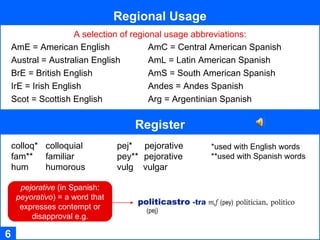 Regional Usage 6 Register colloq*   colloquial   pej*  pejorative  fam**  familiar   pey**   pejorative  hum   humorous    vulg  vulgar  A selection of regional usage abbreviations: *used with English words **used with Spanish words AmE = American English AmC = Central American Spanish Austral = Australian English  AmL = Latin American Spanish BrE = British English  AmS = South American Spanish IrE = Irish English  Andes = Andes Spanish Scot = Scottish English  Arg = Argentinian Spanish pejorative  (in Spanish:  peyorativo ) = a word that expresses contempt or disapproval e.g. 