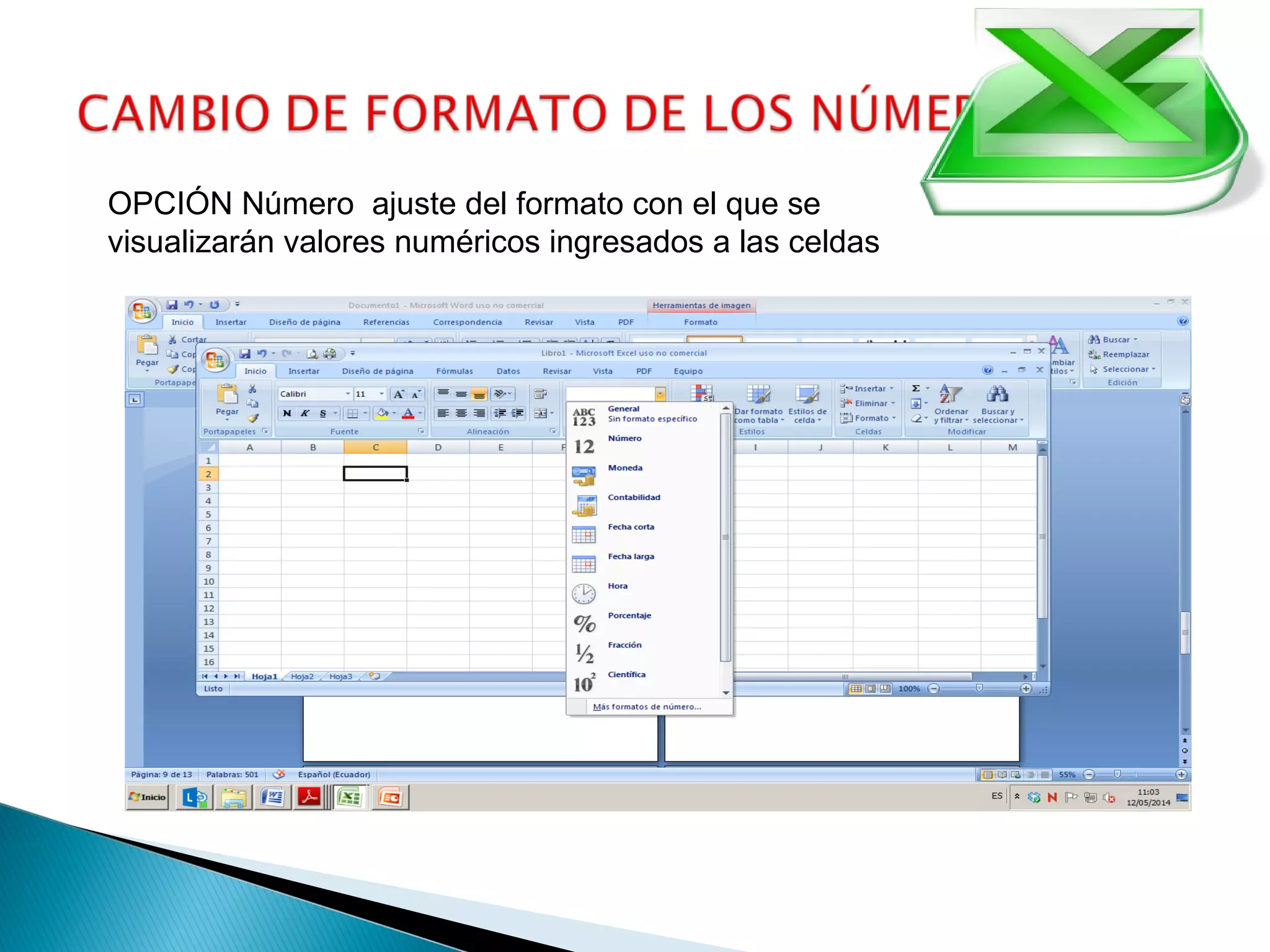 OPCIÓN Número ajuste del formato con el que se
visualizarán valores numéricos ingresados a las celdas
 