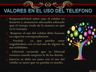 Responsabilidad: saber usar el celular en
horarios y momentos adecuados sabiendo
que el tiempo rinde de la manera en que
tu lo manejes.
Respeto: el uso del celular debe hacerse
en espacios correspondientes.
Verdad: ya que puedes estar
engañándote con el mal uso de alguna de
sus utilidades.
Libertad: recuerda que tu libertad
termina cuando empieza la de los demás,
Justicia: se debe ser justo con el uso del
celular ni tanto que no puedas ni mucho.
 