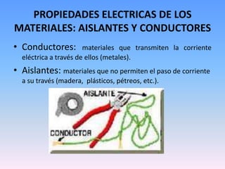 PROPIEDADES ELECTRICAS DE LOS
MATERIALES: AISLANTES Y CONDUCTORES
• Conductores:         materiales que transmiten la corriente
  eléctrica a través de ellos (metales).
• Aislantes: materiales que no permiten el paso de corriente
  a su través (madera, plásticos, pétreos, etc.).
 