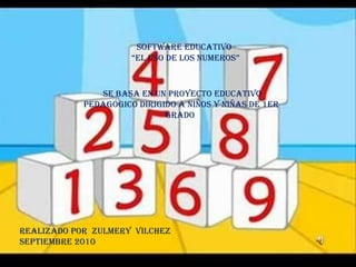 SOFTWARE EDUCATIVO “ EL USO DE LOS NUMEROS” se basa en un proyecto educativo pedagógico dirigido a niños y niñas de 1er  grado  Realizado por  zulmery  vilchez Septiembre 2010 
